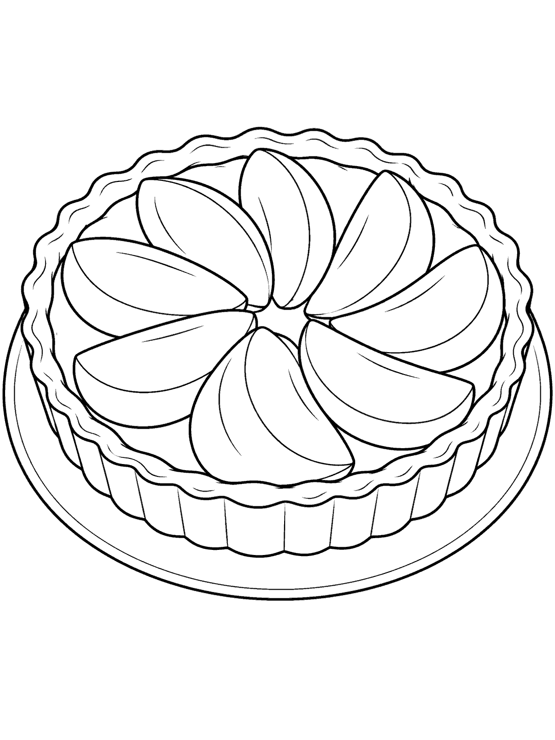 Round apricot tart with fruit slices arranged radially on a plain serving plate