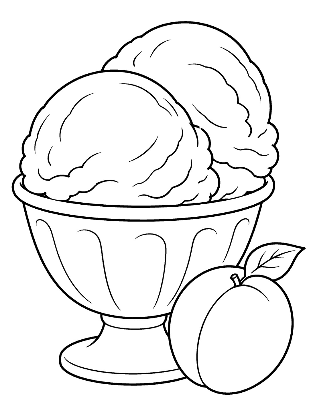 Two scoops of ice cream in a dessert cup with a whole apricot and leaf beside it