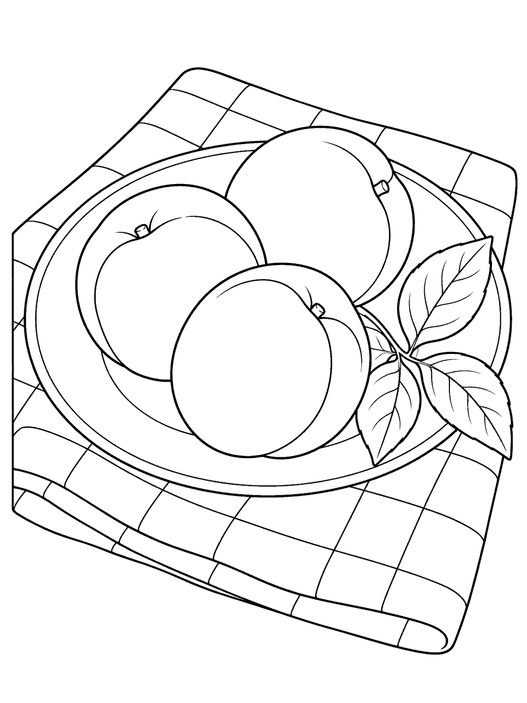 Three apricots on a plate atop a broad-check picnic cloth, with a leafy sprig.