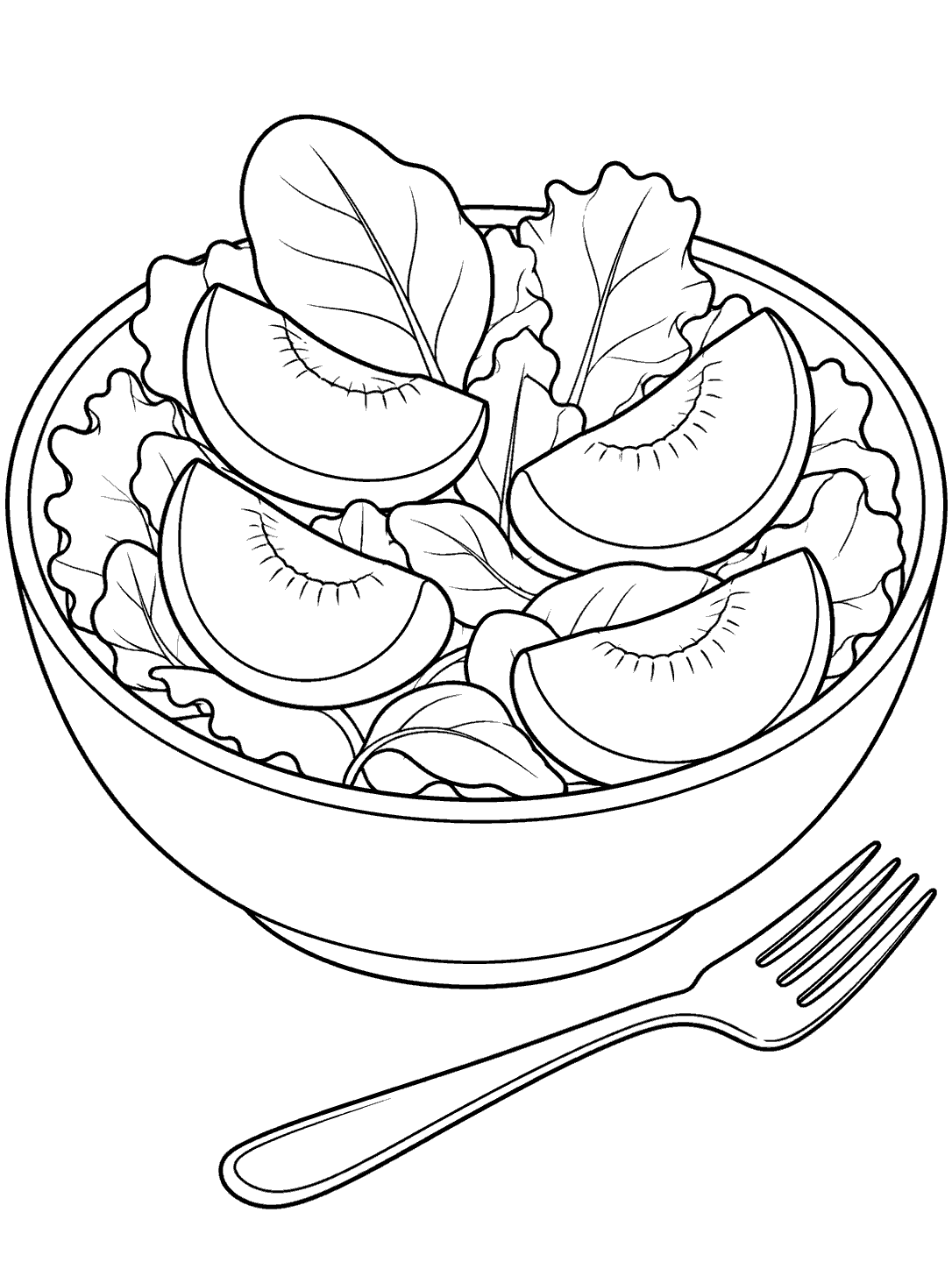 Wide bowl of leafy salad topped with four apricot wedges and a fork beside it