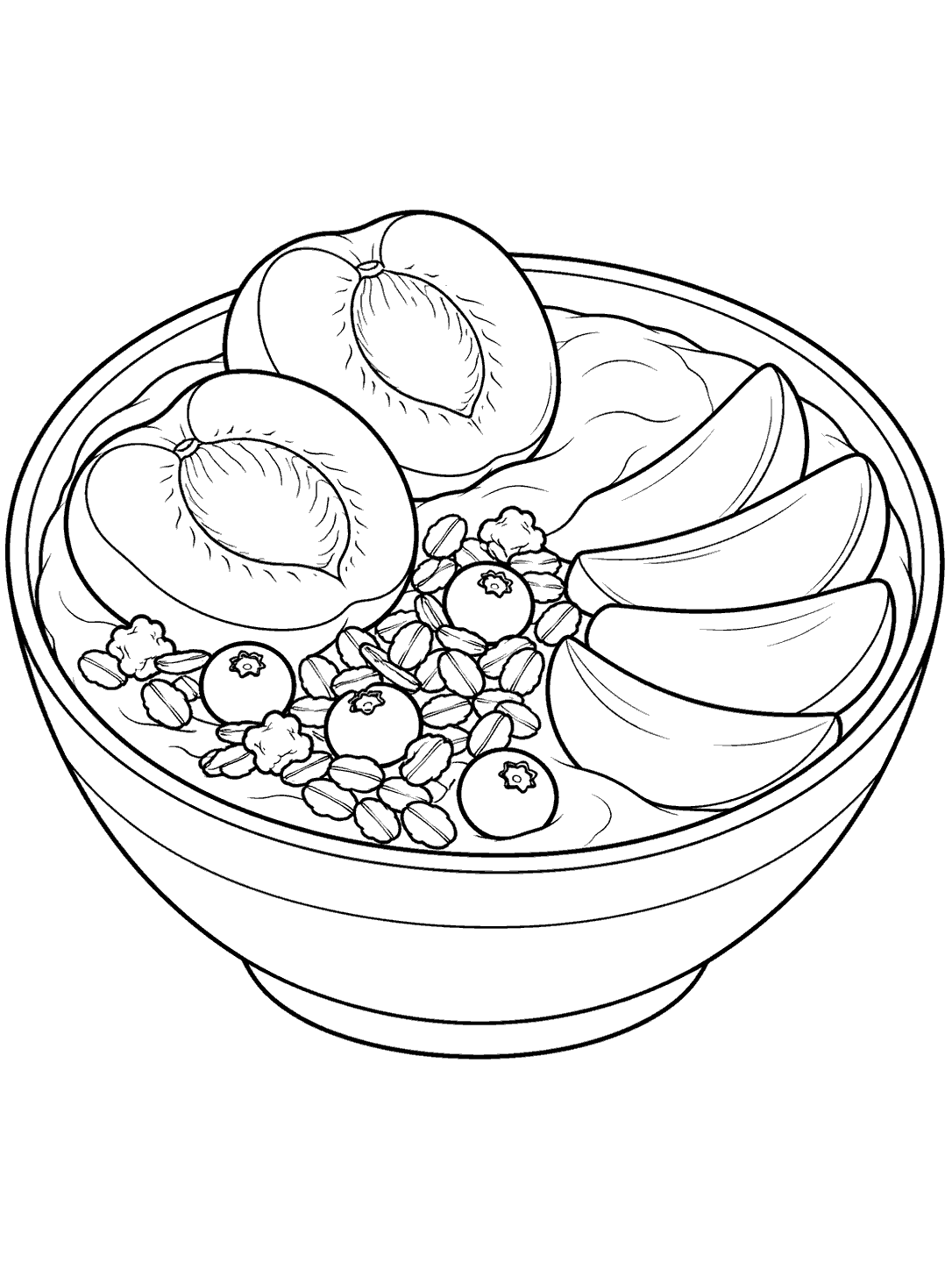 Black outline coloring page of a shallow bowl with two apricot halves, large fruit slices, and small toppings.