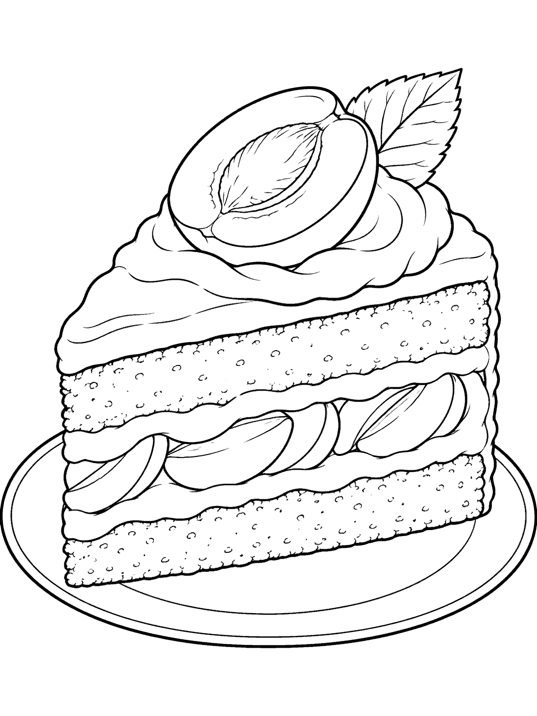 Black outline coloring page of a layered cake slice on a plate, topped with an apricot half and leaf.