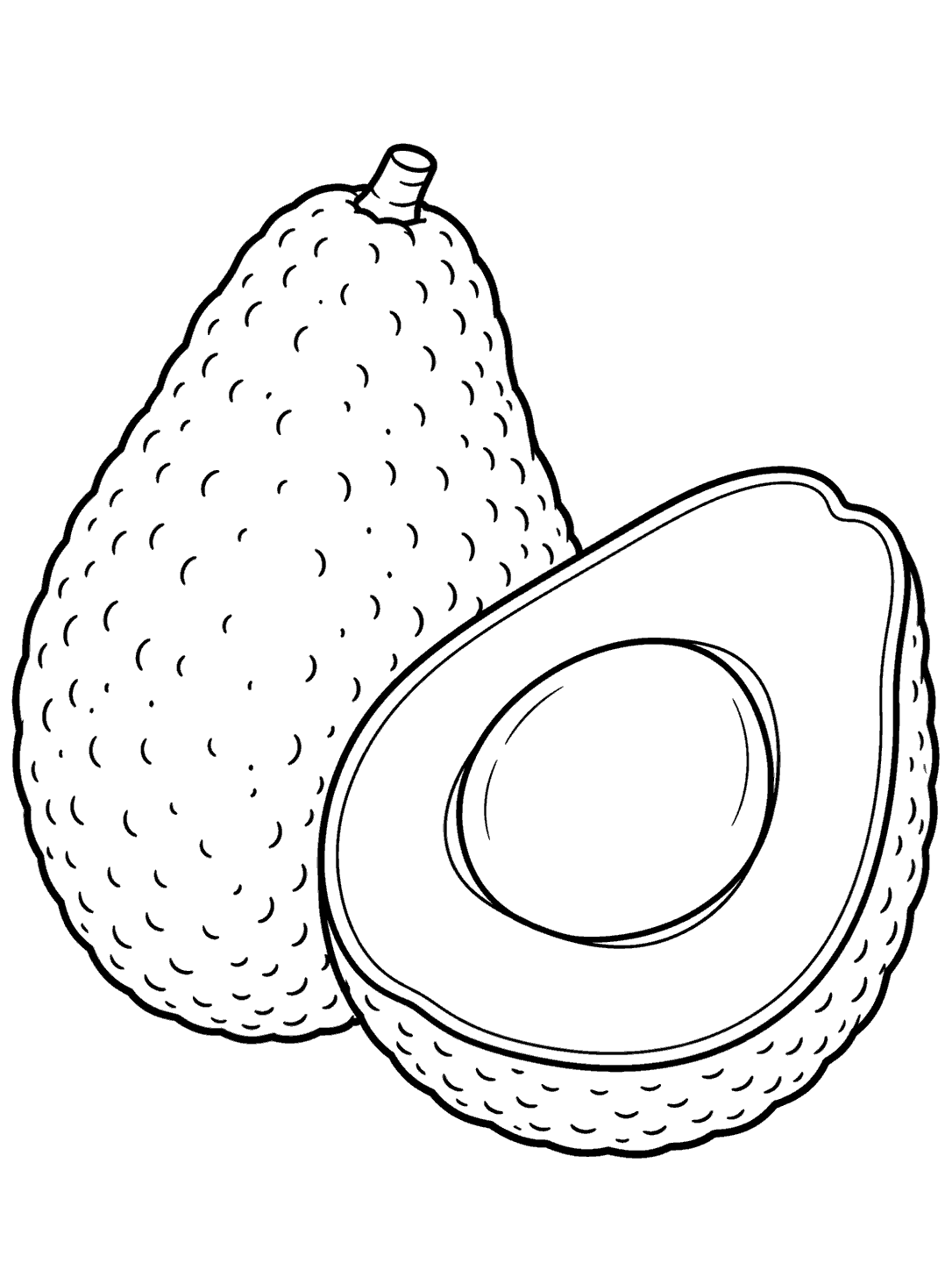 Avocado coloring page with a whole avocado and a cut half