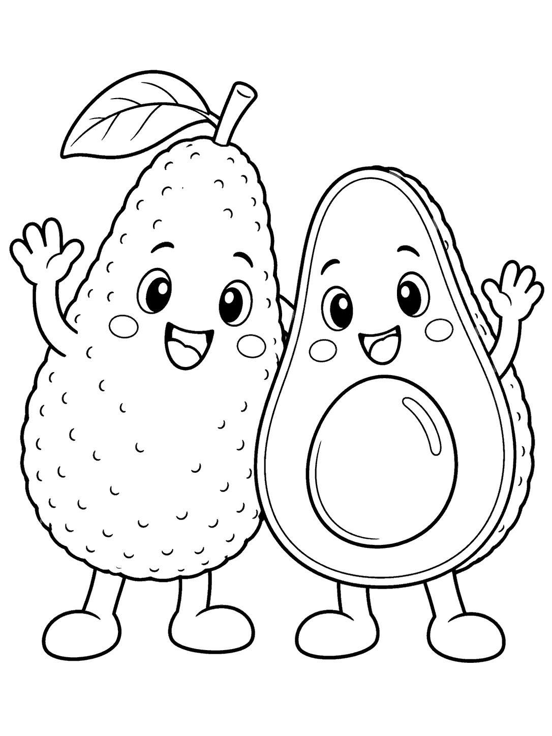 Black-and-white avocado coloring page with a smiling whole avocado and a smiling halved avocado waving side by side
