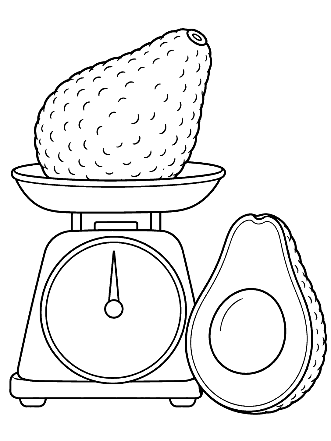 Whole avocado on a market scale beside an avocado half coloring page