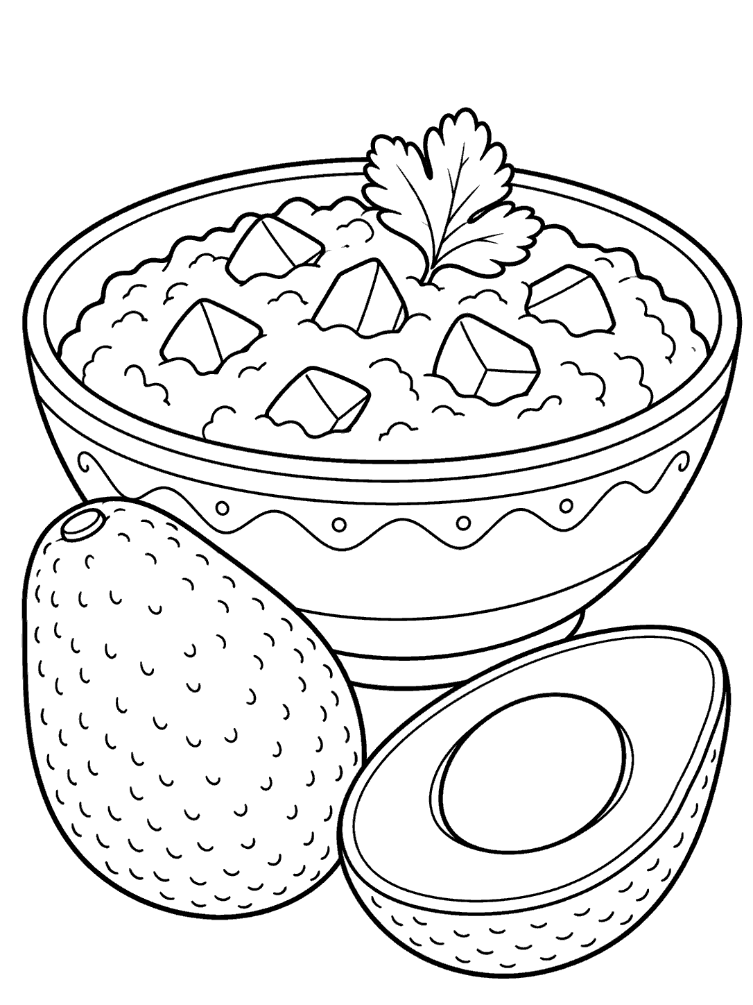 Black-and-white avocado coloring page showing a bowl of guacamole with avocado pieces, a leaf garnish, and whole and halved avocados.