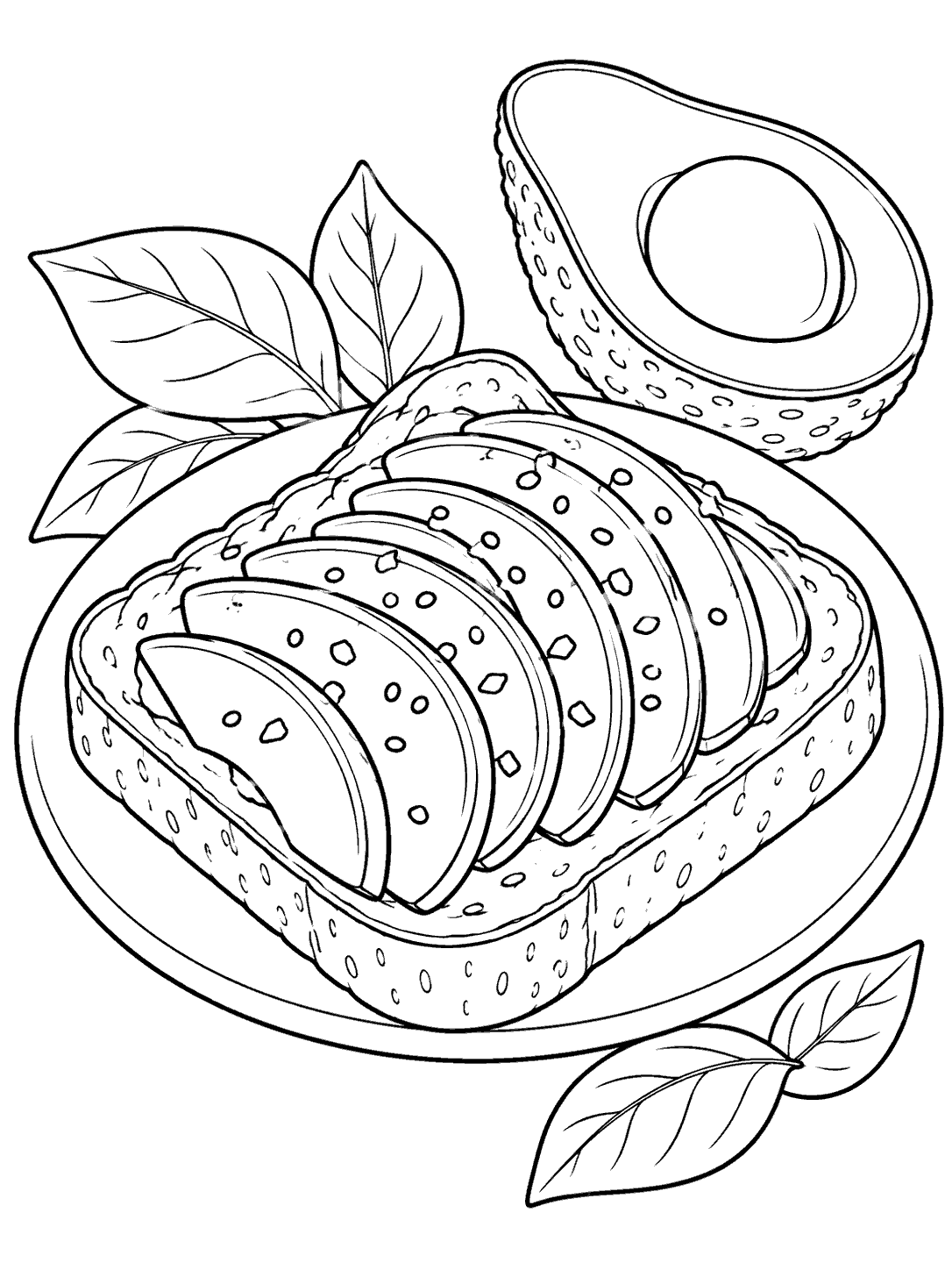 Black line art of avocado toast on a plate, with a cut avocado half and leaves nearby.