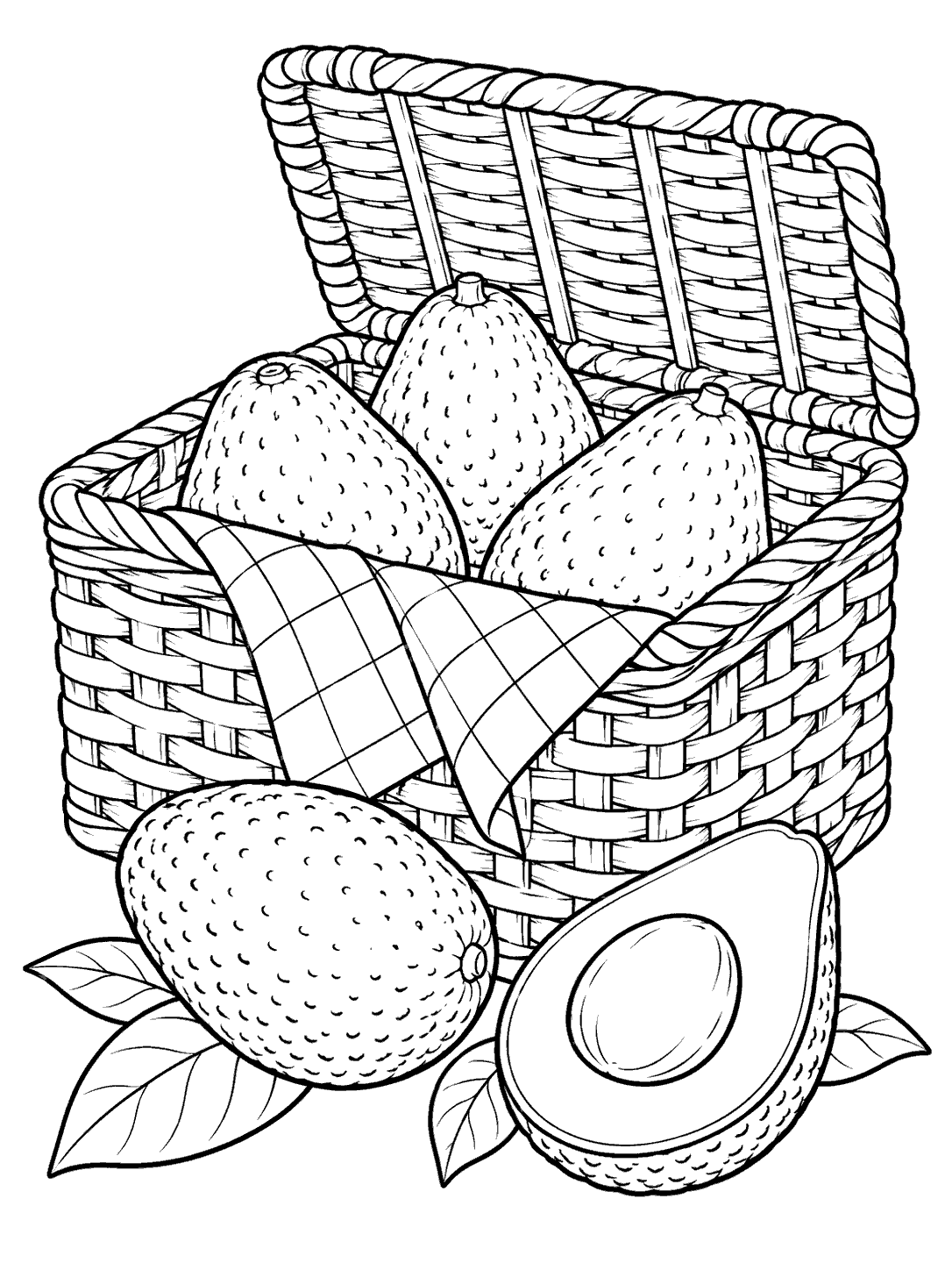 Black-and-white avocado coloring page showing three avocados in an open woven picnic basket, a folded checked cloth, and a whole and halved avocado beside it.