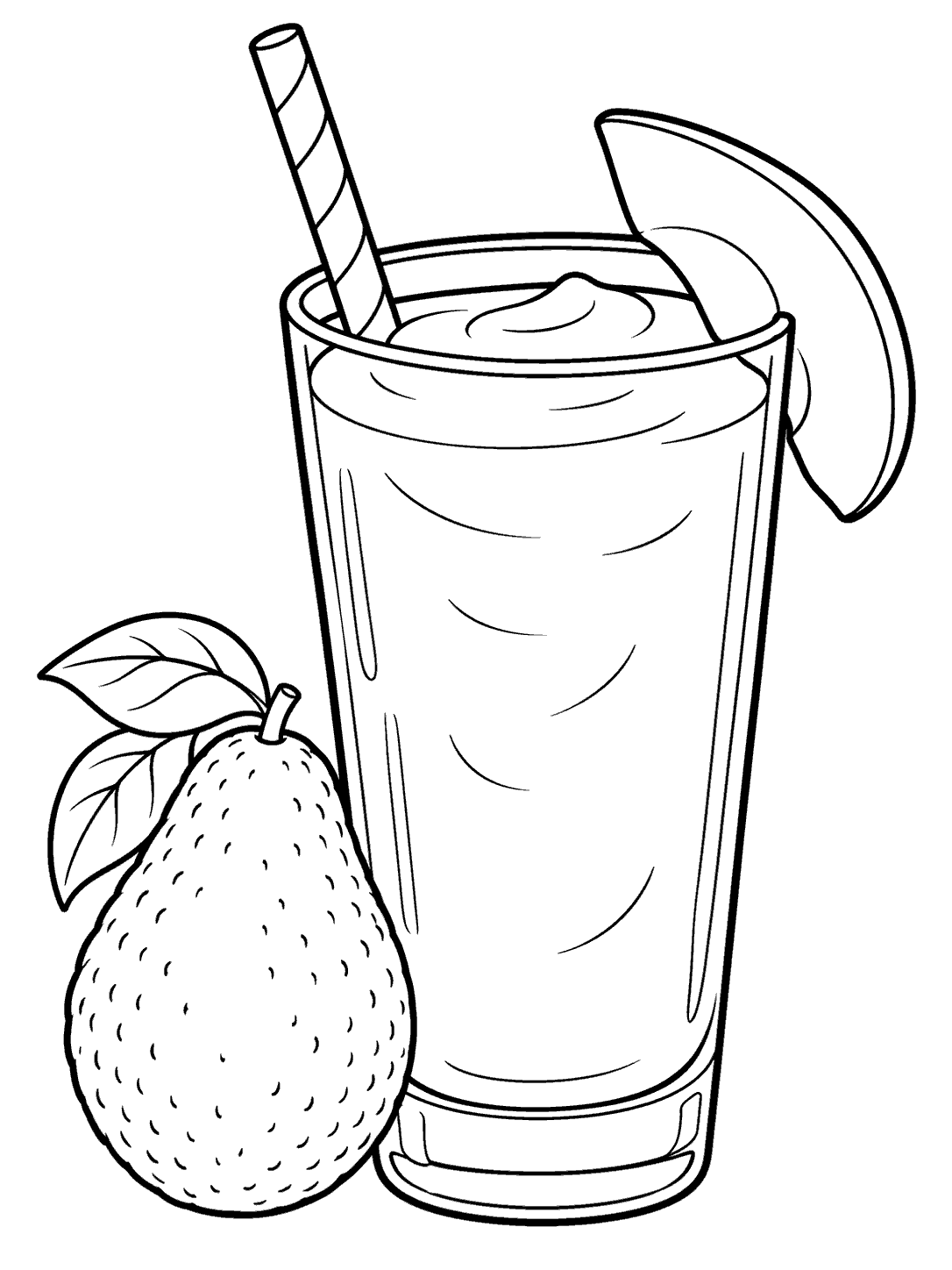 Avocado smoothie coloring page with a tall glass, straw, avocado slice, and whole avocado beside it.
