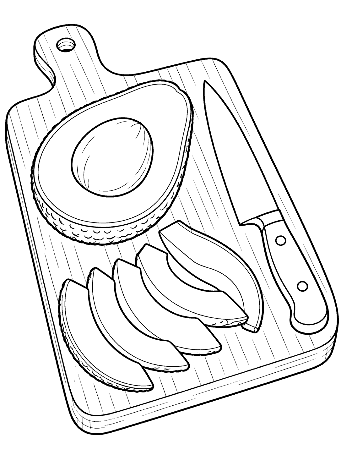Avocado half with pit and slices on a wooden cutting board, with a knife beside it.