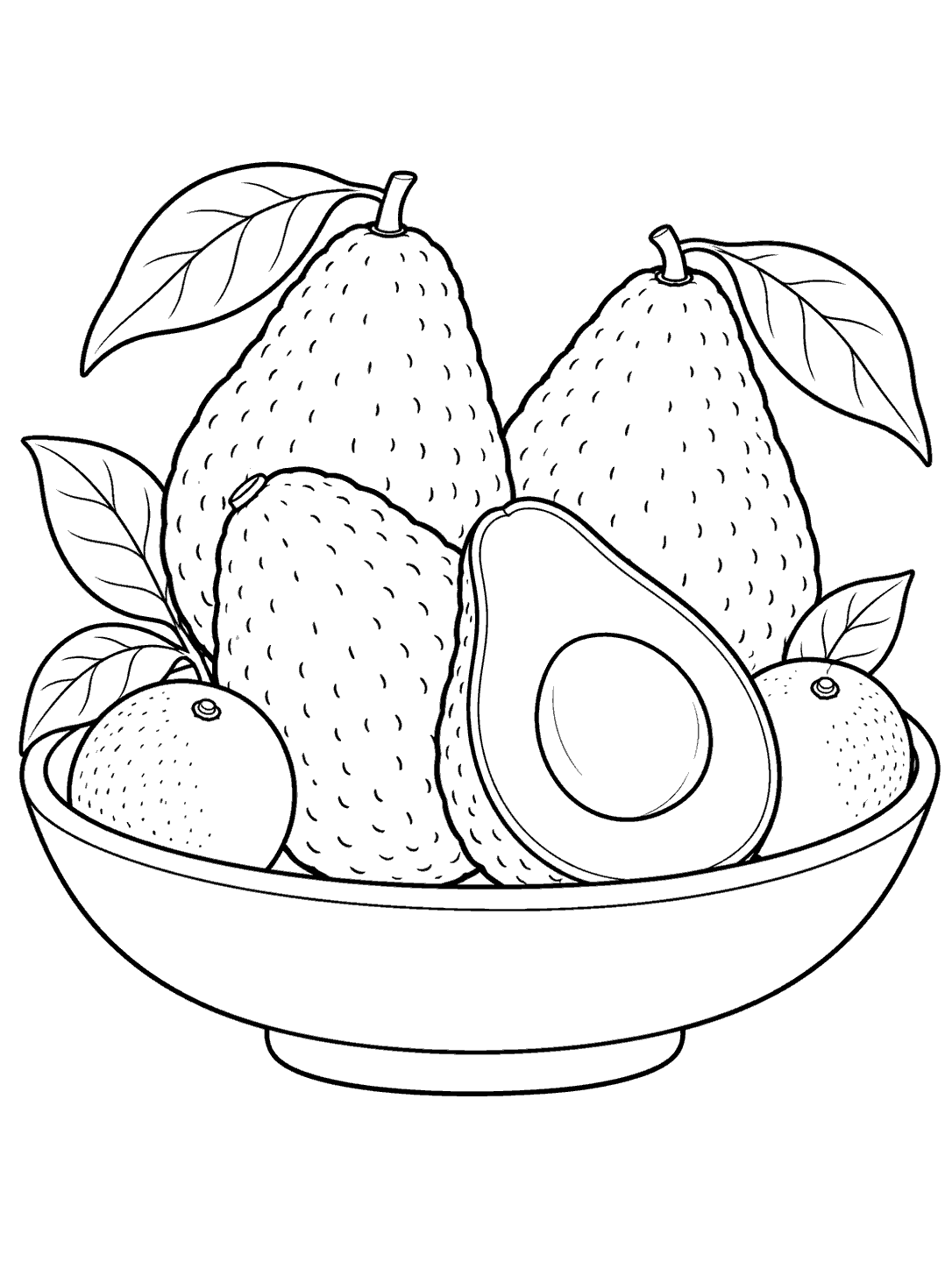 Black-and-white coloring page showing a bowl with three avocados, one cut in half, and two citrus fruits.