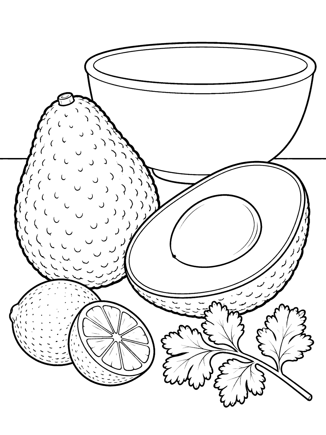 Black outline coloring page of a whole and halved avocado with a lime, cilantro, and mixing bowl.