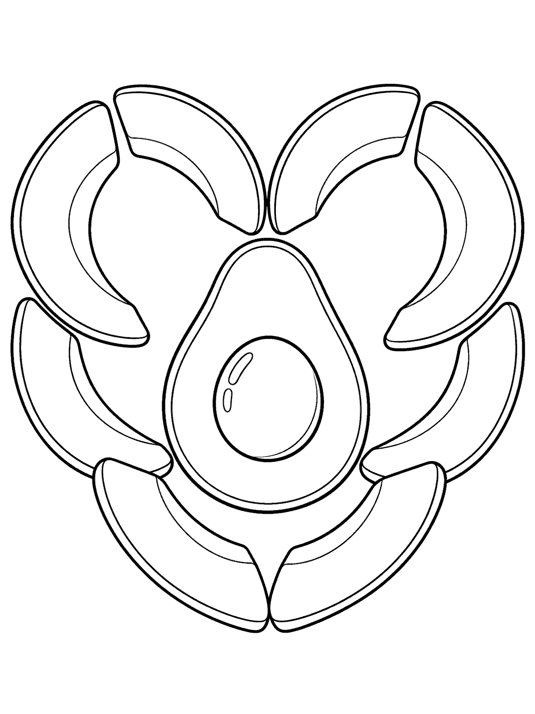Black-and-white coloring page of avocado slices arranged in a heart around an avocado half with its pit.