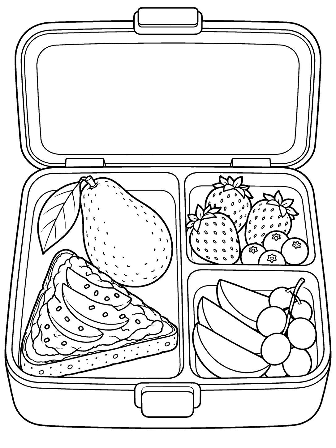 Black-and-white lunchbox coloring page with avocado toast, a whole avocado, and fruit in separate compartments.