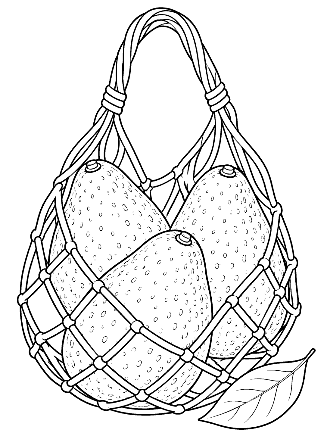 Three avocados in a reusable net produce bag with a loose leaf beside it, shown as a coloring page.