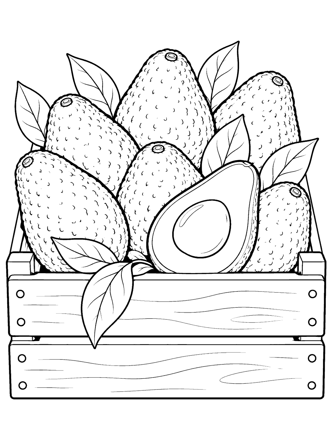 Black-and-white coloring page showing a harvest crate filled with whole avocados and a halved avocado at the front.