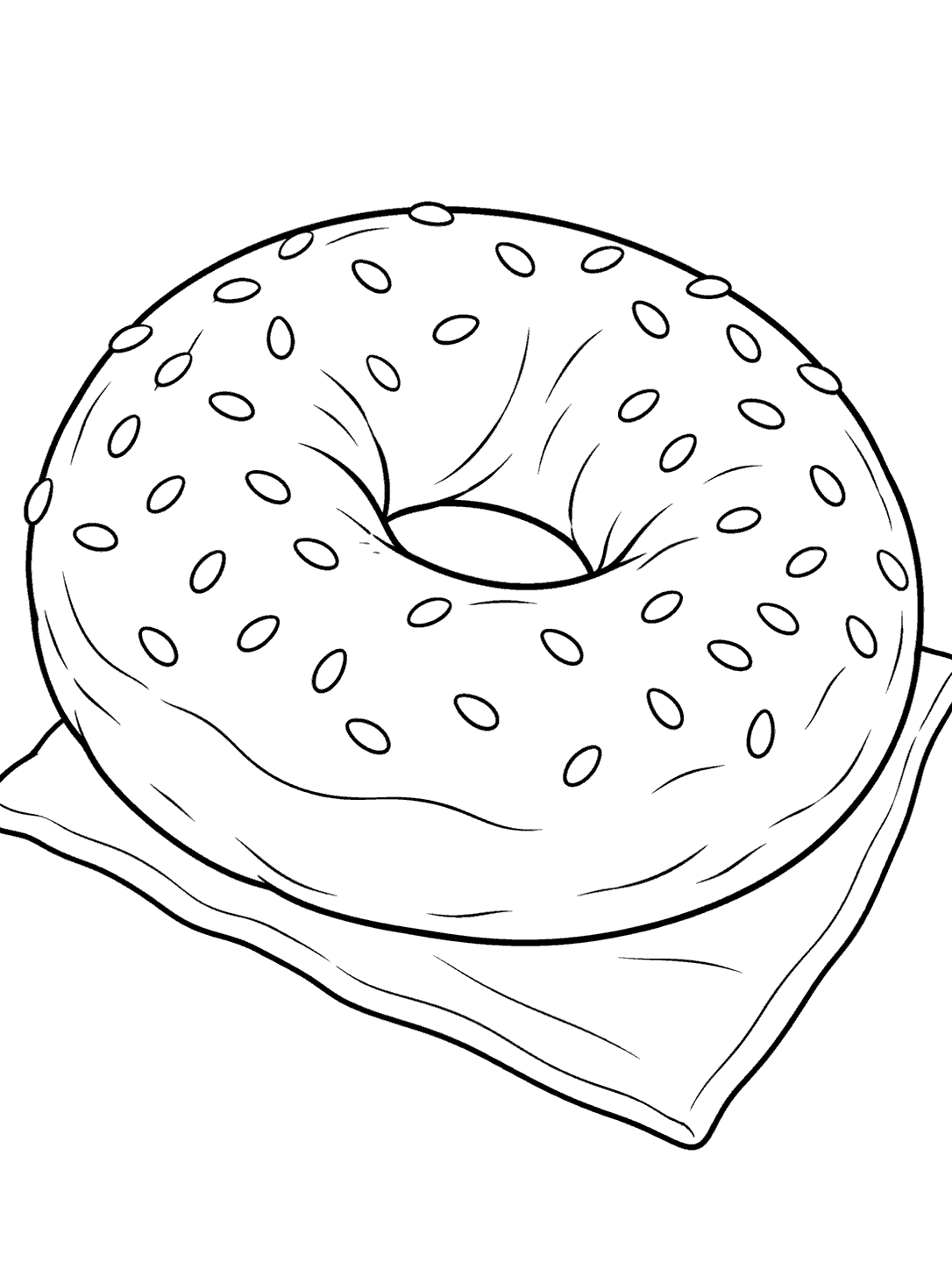 Black-outline coloring page showing a large sesame bagel on a napkin.