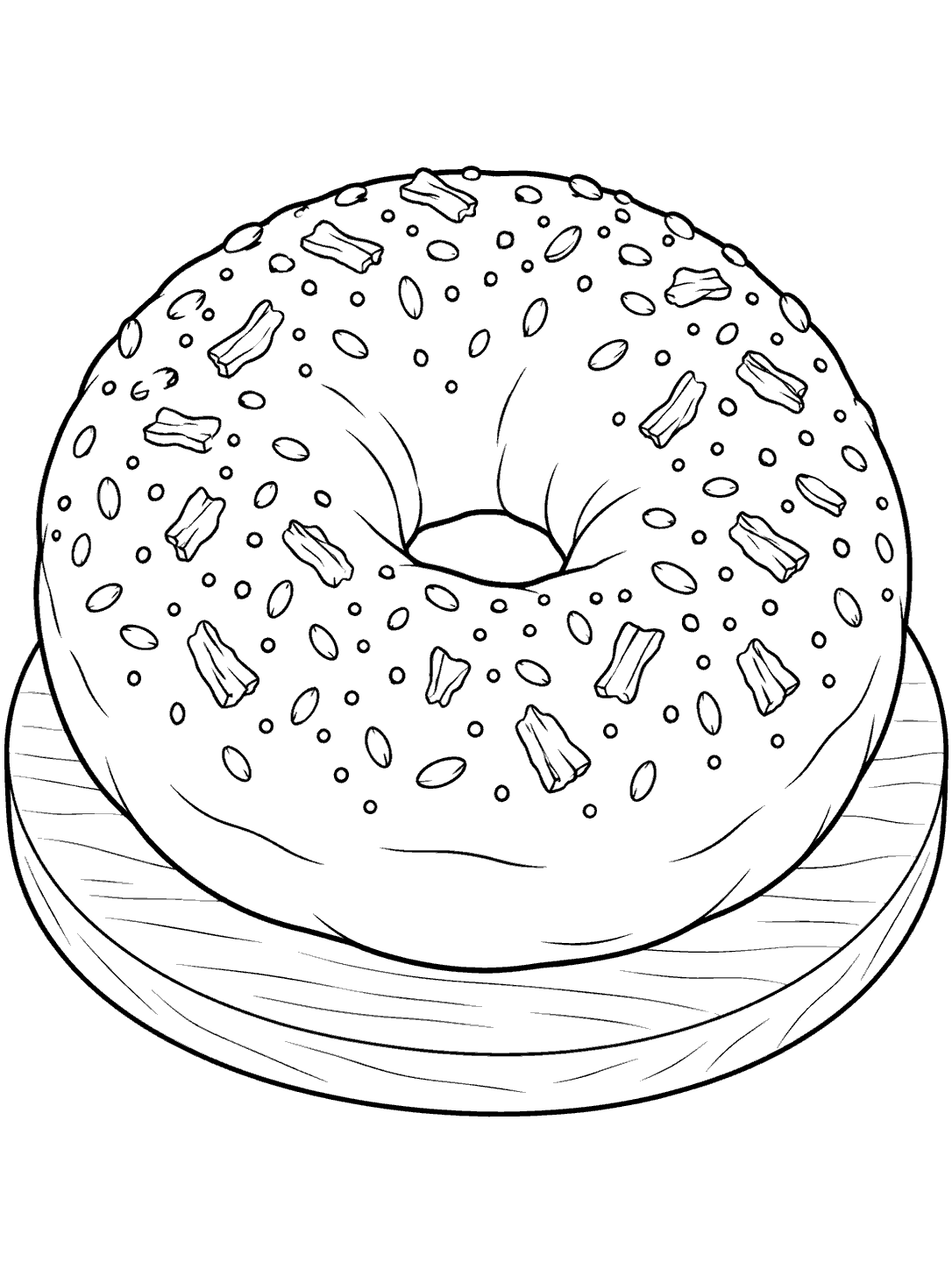 Black-outline coloring page of an everything bagel on a serving board, topped with seeds and onion flakes.