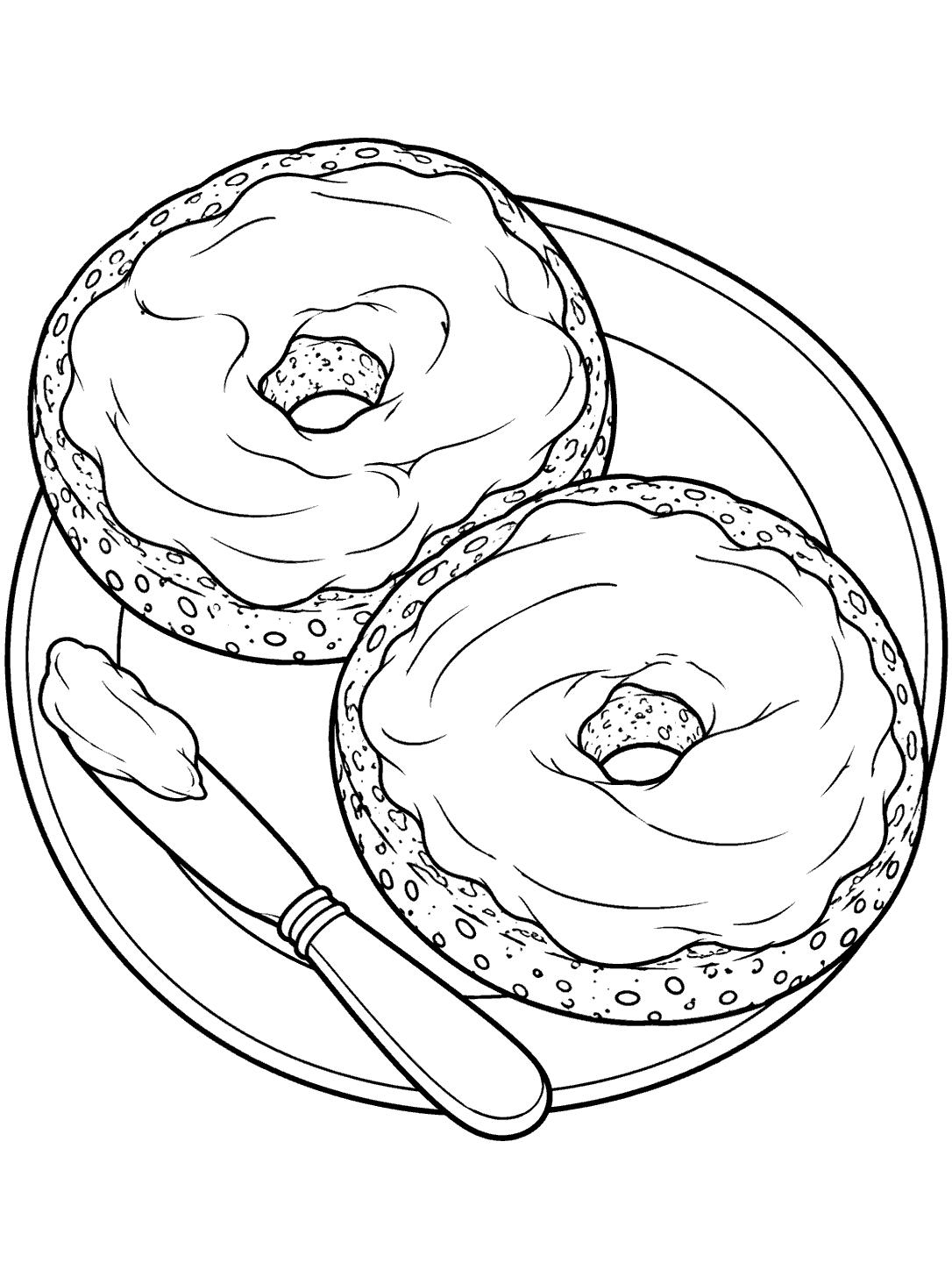 Black-outline coloring page showing two cream-cheese-topped bagel halves on a plate with a small spreading knife.