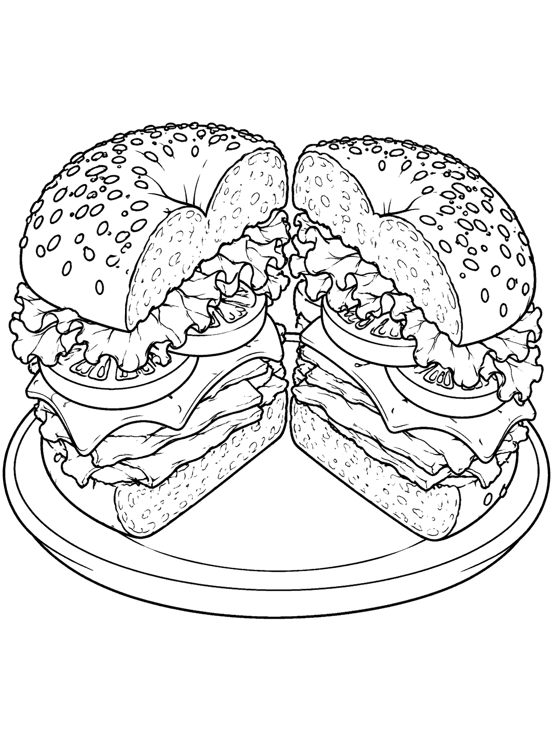 Black-outline coloring page of a seeded bagel sandwich cut into two halves and arranged cut-side forward on a plate, with lettuce, tomato, cheese, and filling layers.