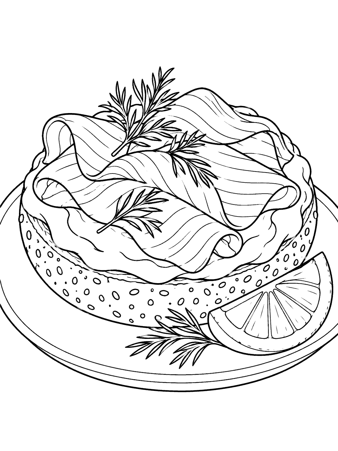 Black-outline coloring page of an open-faced smoked salmon bagel with dill and a lemon wedge on a plate