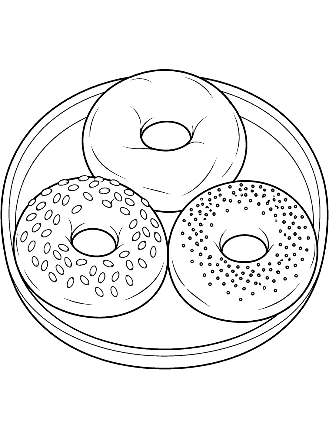 Mini bagels coloring page showing plain, sesame, and poppy seed bagels arranged on a tray.