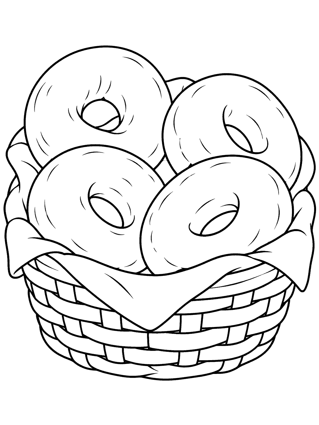 Printable black-outline coloring page of four bagels nestled in a cloth-lined woven basket.