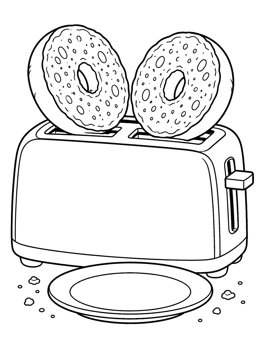 Black outline coloring page of two bagel halves raised from a toaster above a plate with scattered crumbs.