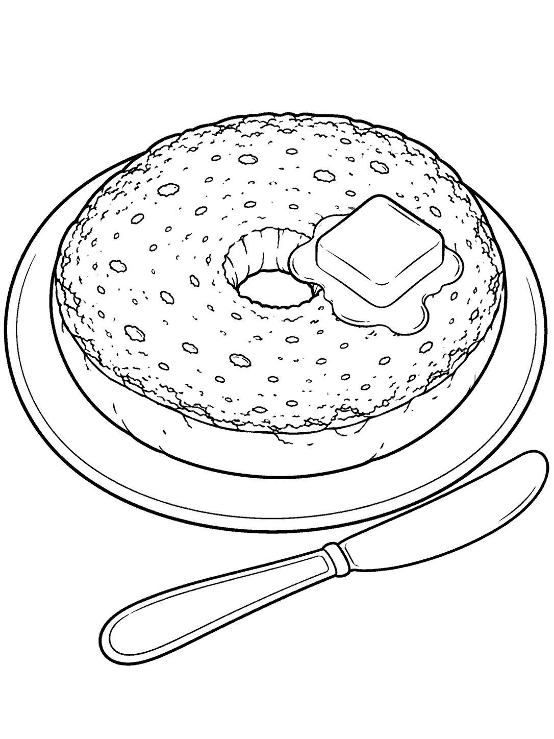 Bagel with butter coloring page showing a bagel on a plate beside a butter knife