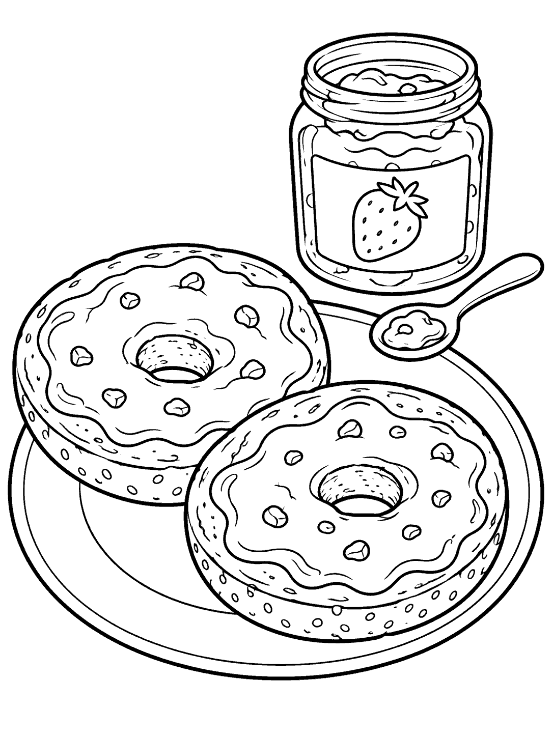 Black-outline coloring page of two jam-topped bagels on a plate beside a jar with a strawberry label and a spoon.