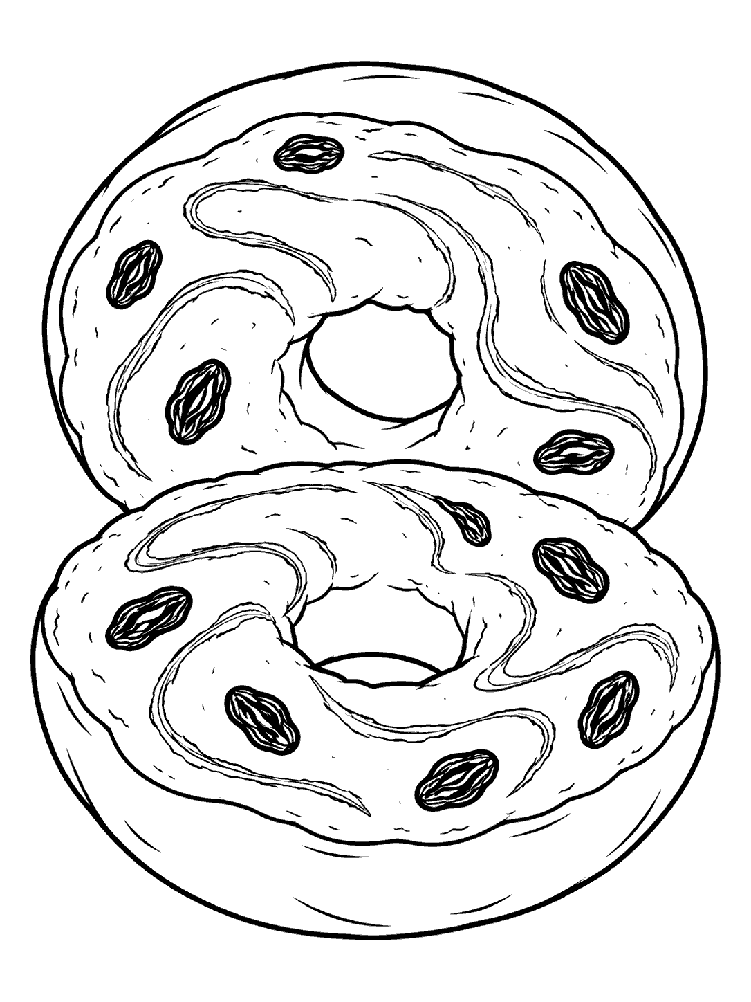 Black-outline coloring page of two cinnamon raisin bagel halves with large outlined raisins and swirls.