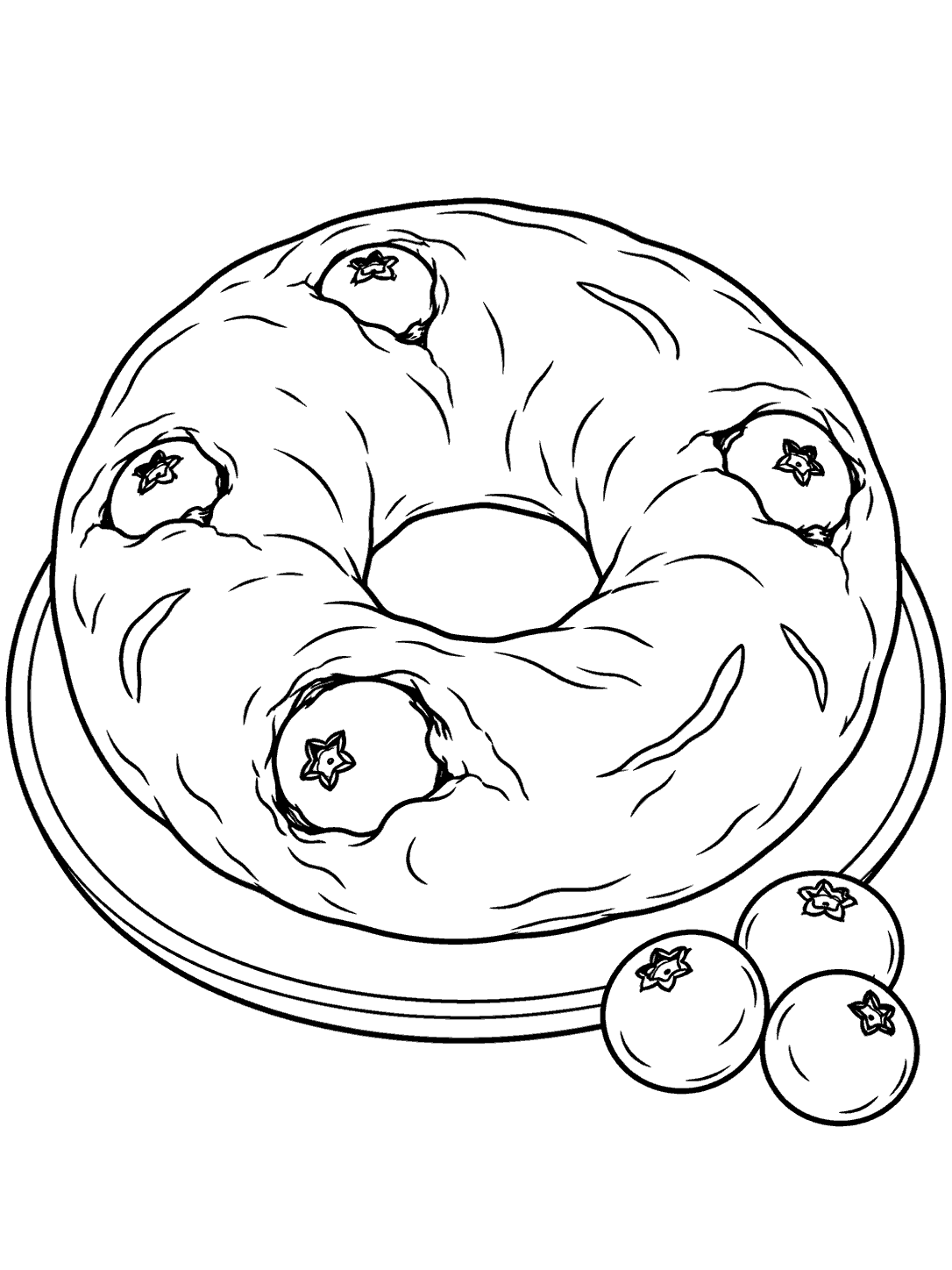 A blueberry bagel with an open center on a small plate, with three whole blueberries nearby, drawn in black outlines for coloring.