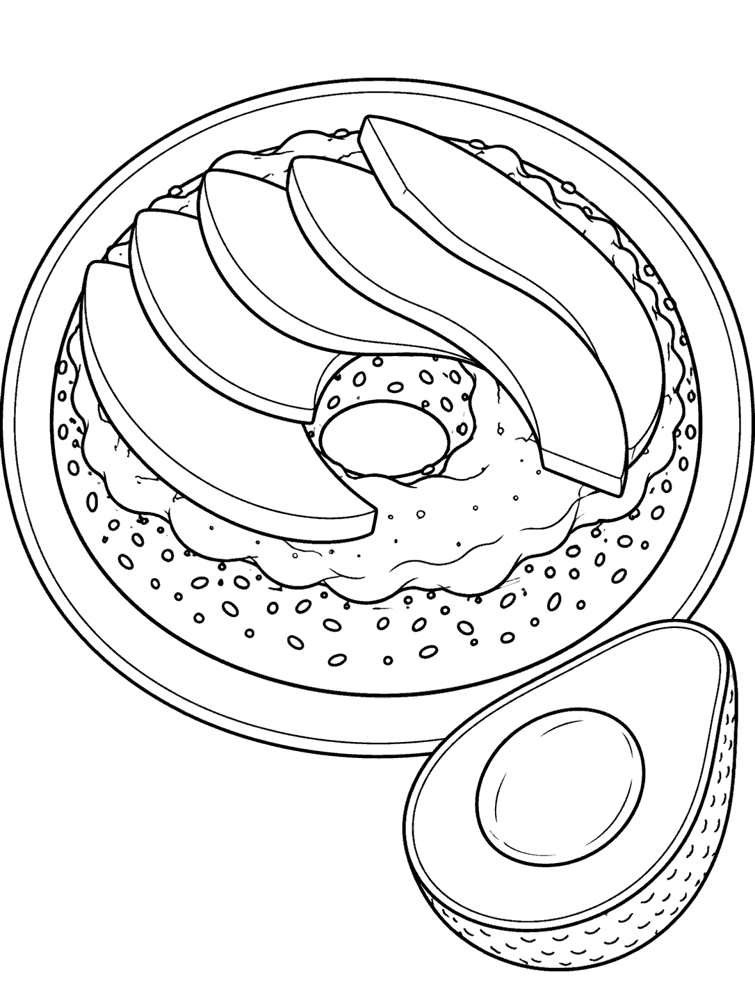 A black-outline coloring page showing an open-faced bagel topped with avocado slices on a plate, with an avocado half beside it.
