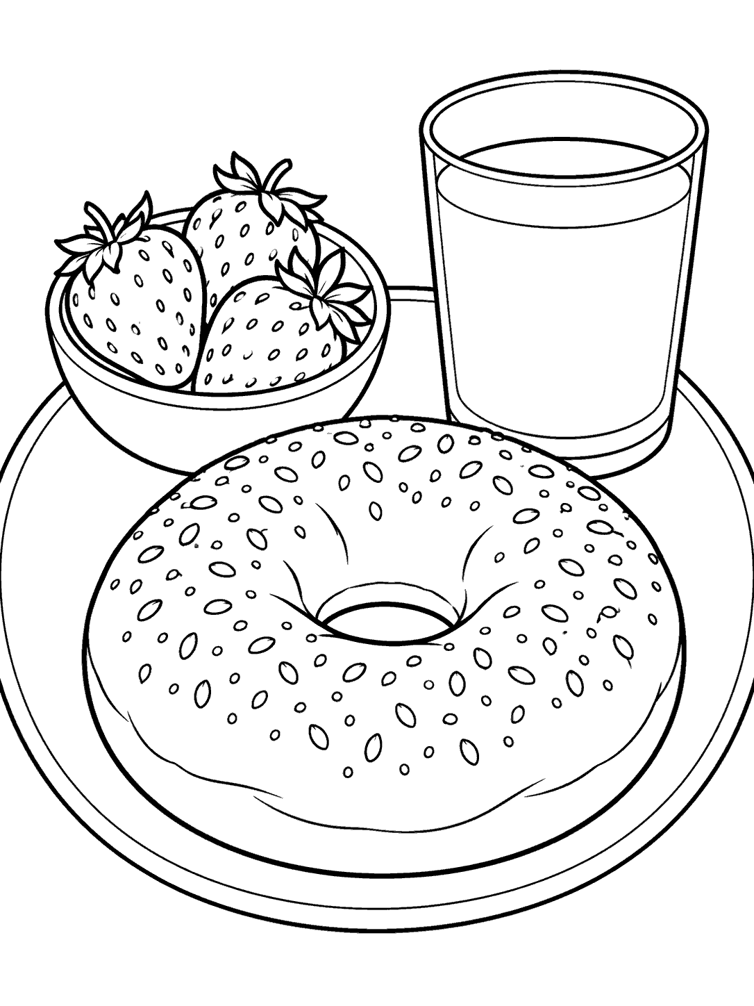 Black-outline coloring page of a large seeded bagel on a plate with a bowl holding three strawberries and a cup of milk.