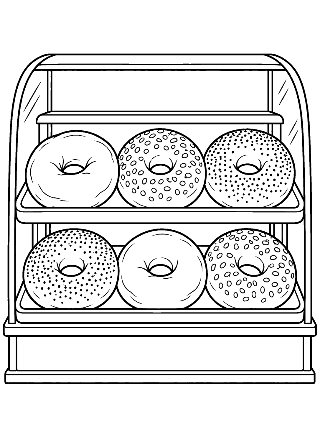 Black-outline coloring page showing six ring-shaped bagels arranged in two rows of three on bakery shelves.