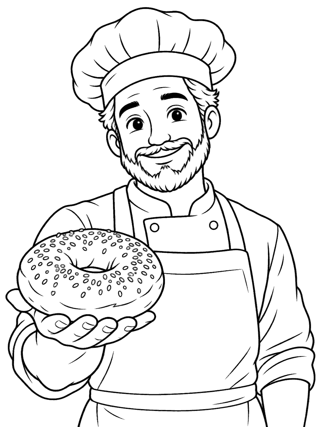 Black-outline coloring page of a smiling baker in a chef hat and apron holding a large seeded bagel