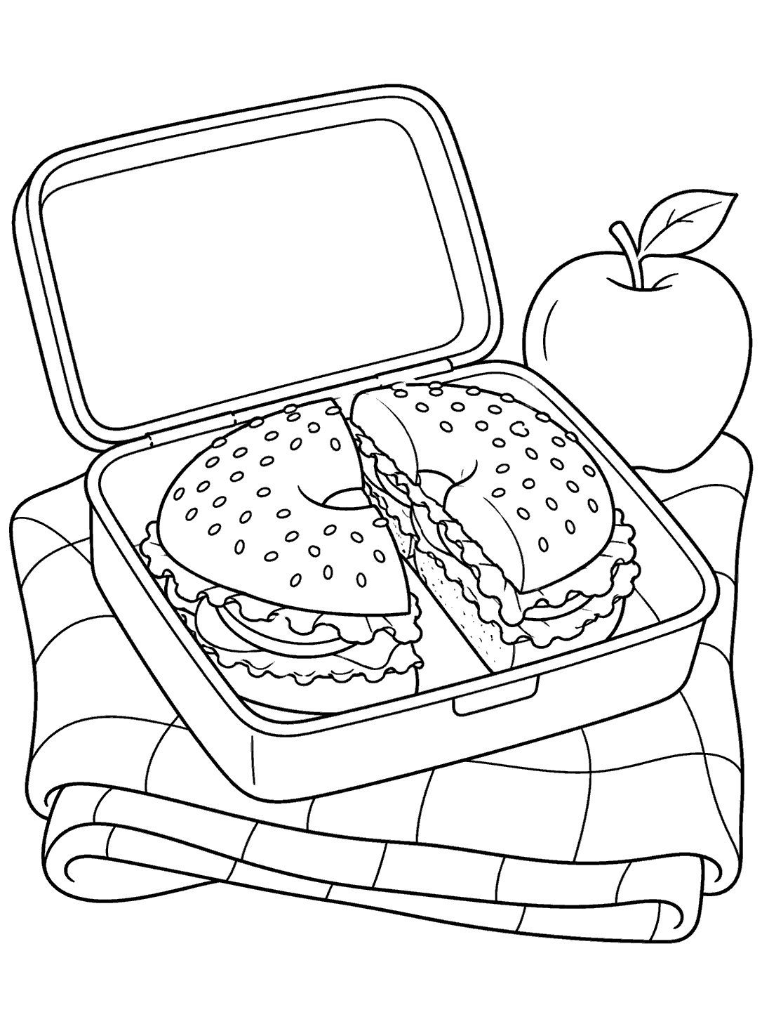 Black-outline coloring page showing a bagel sandwich cut in half, an open lunch container, a folded blanket, and an apple.