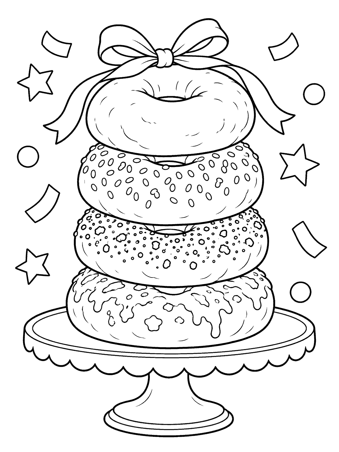 Black-outline coloring page showing four distinct bagels stacked on a cake stand, topped with a ribbon bow and surrounded by confetti.