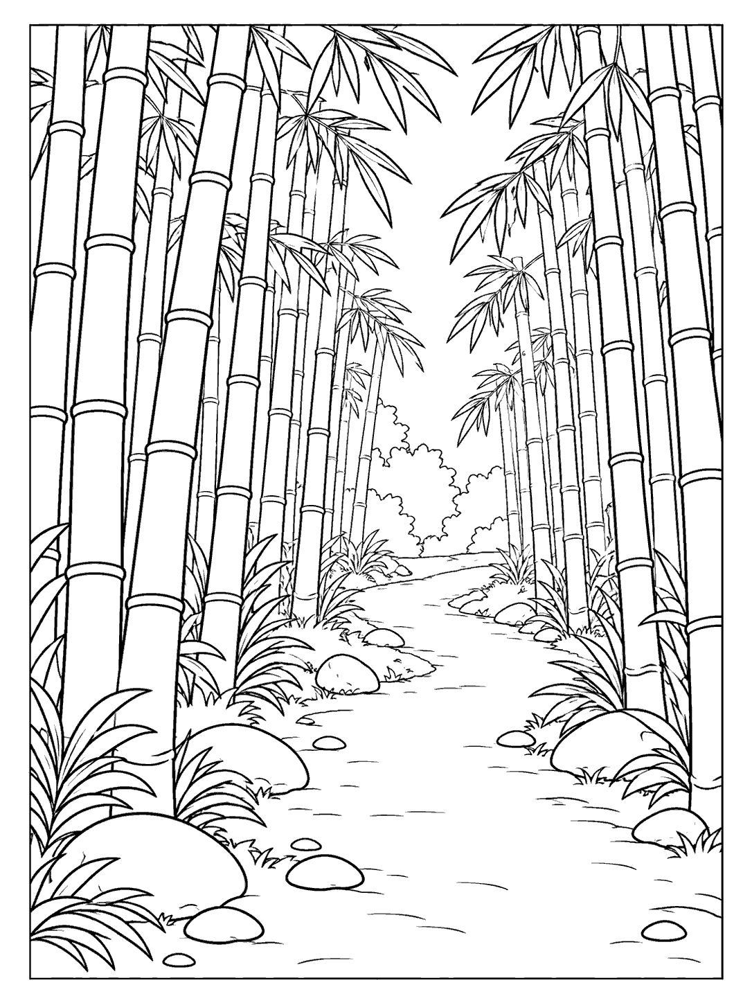 Black-and-white bamboo grove coloring page with a winding path, leafy bamboo trunks, and scattered stones.