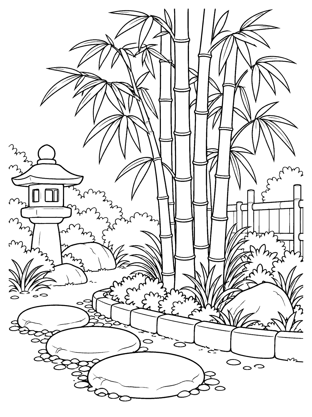 Black-and-white bamboo garden coloring page with a stone lantern, leafy bamboo cluster, curved border, and three large stepping stones.