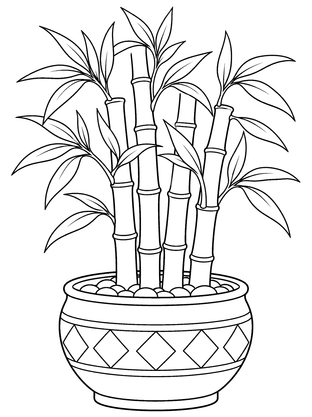Black ink coloring page of four segmented bamboo canes with spreading leaves in a wide ceramic planter decorated with a repeating diamond band.