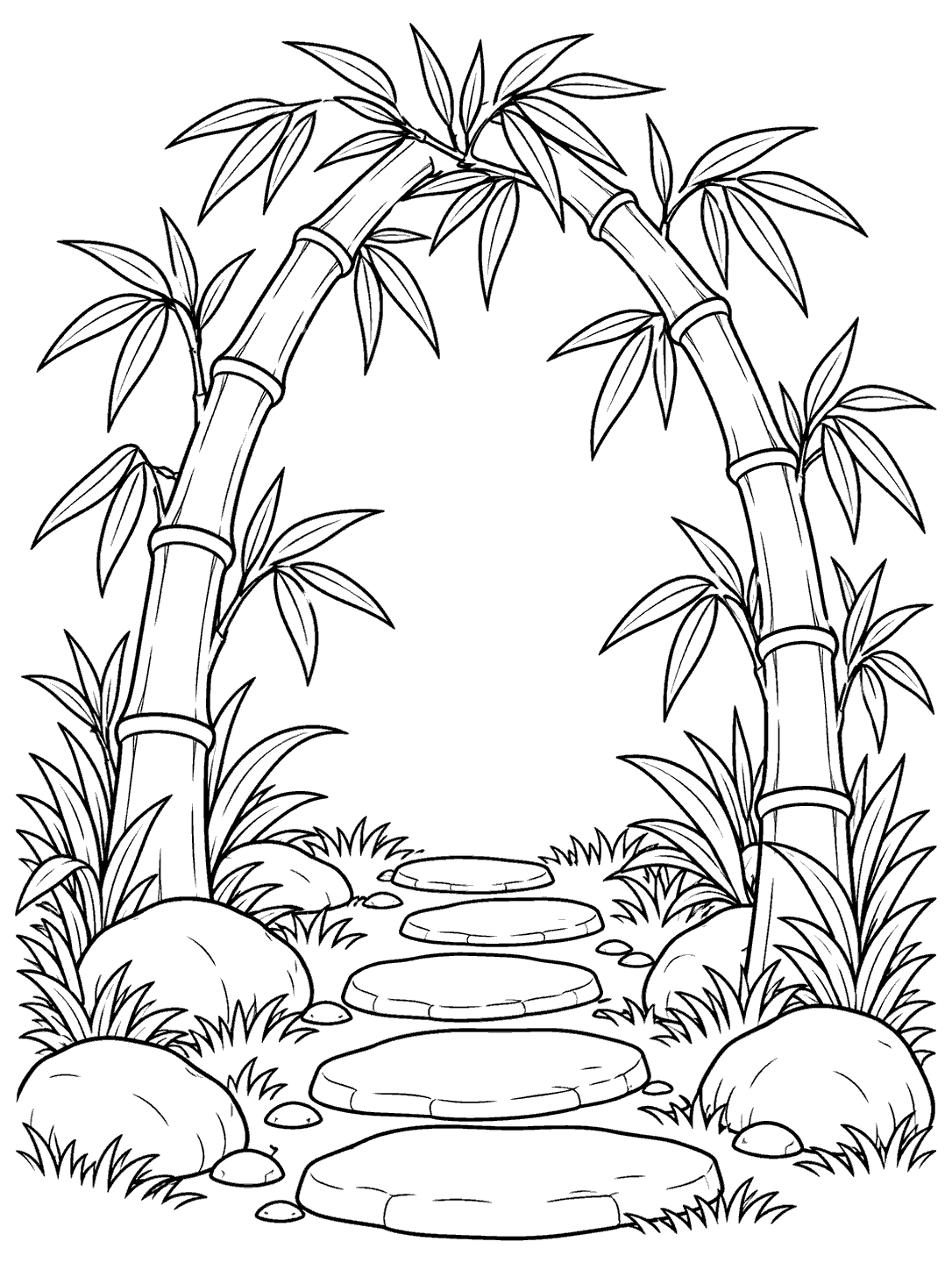 Black-and-white coloring page of two jointed bamboo stalks bending together in a leafy arch over stepping stones, with plants and rocks at the path edges.