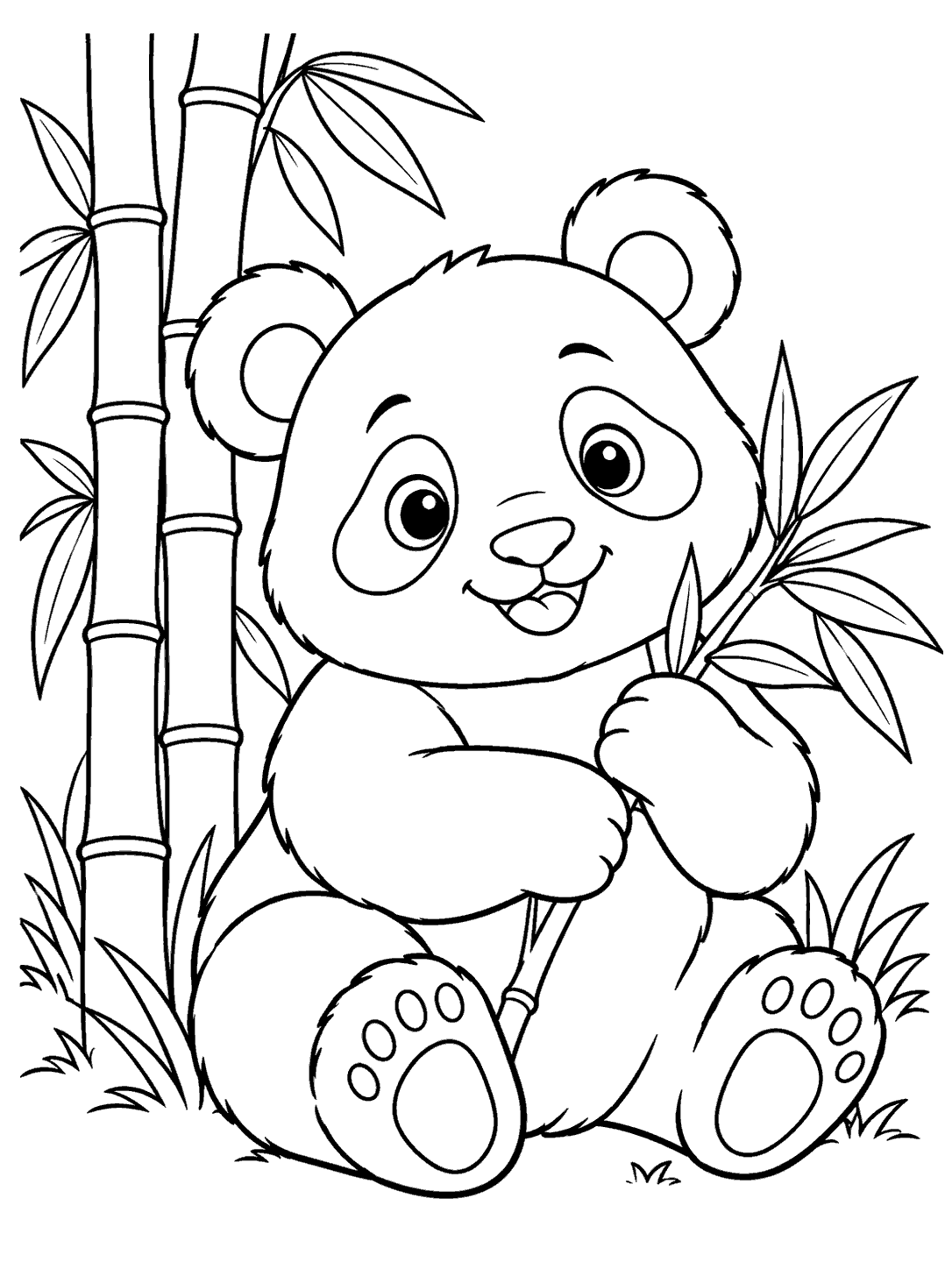 Friendly seated panda holding bamboo leaves beside tall bamboo stalks, in a black-and-white coloring page.
