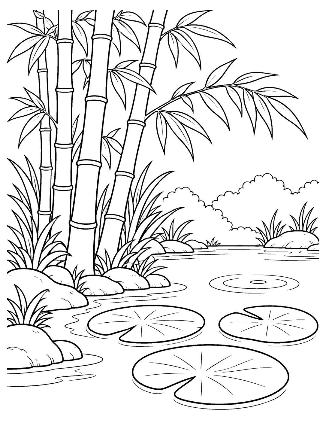 Black ink coloring page of bamboo beside a small pond, with three lily pads and a water ripple.