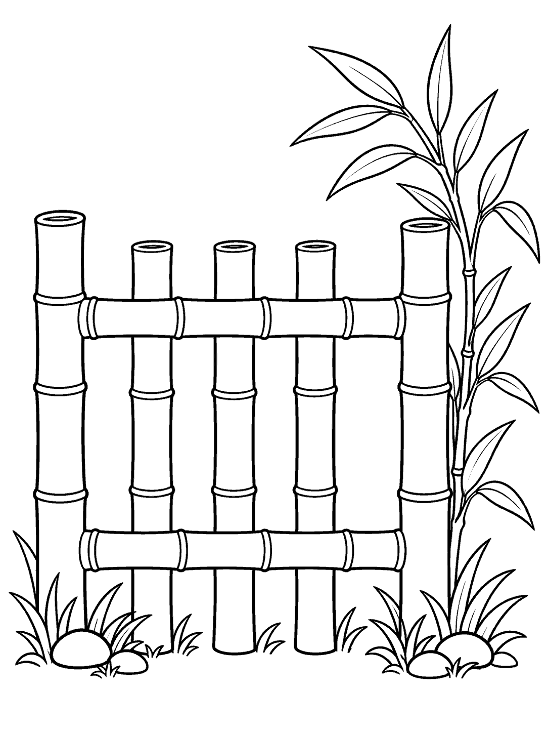 Black-and-white bamboo fence coloring page with upright and horizontal segmented poles, a leafy bamboo sprig, and small plants at the base.