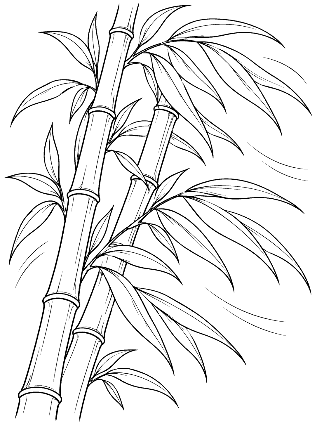 Black ink coloring page of two bamboo branches with long, curved leaves sweeping to the right.