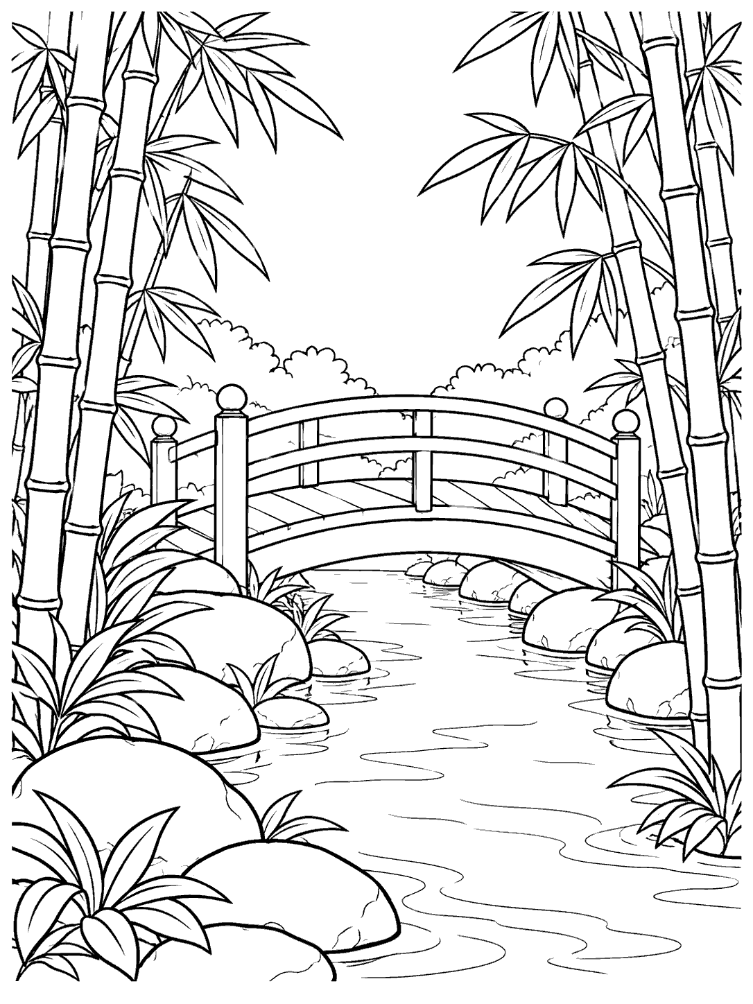 Black and white bamboo forest coloring page with an arched footbridge crossing a narrow, stone-lined stream.