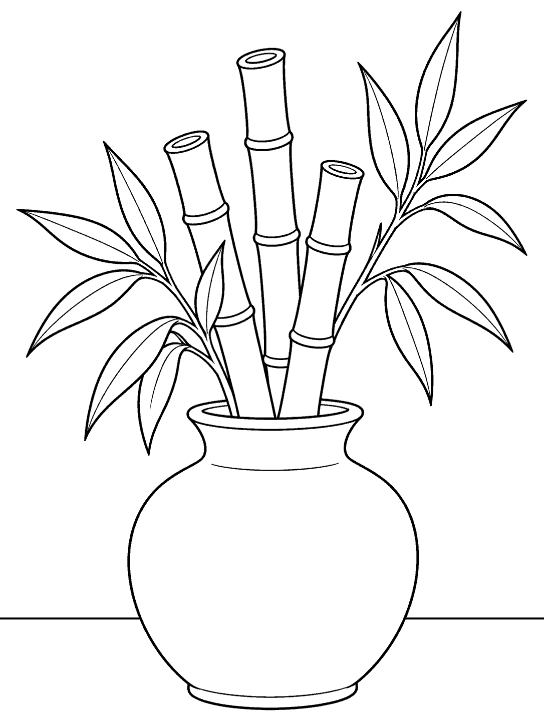 Black-and-white coloring page of three cut bamboo stems and leafy branches arranged in a vase on a tabletop.