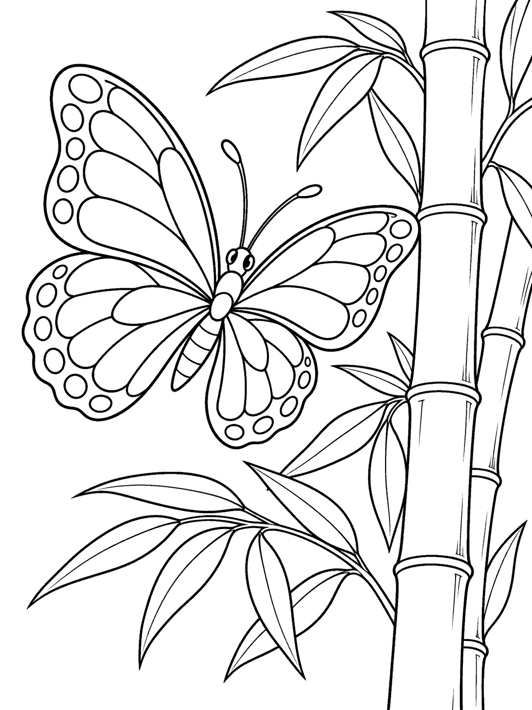 A large patterned butterfly beside segmented bamboo stalks and leafy branches.