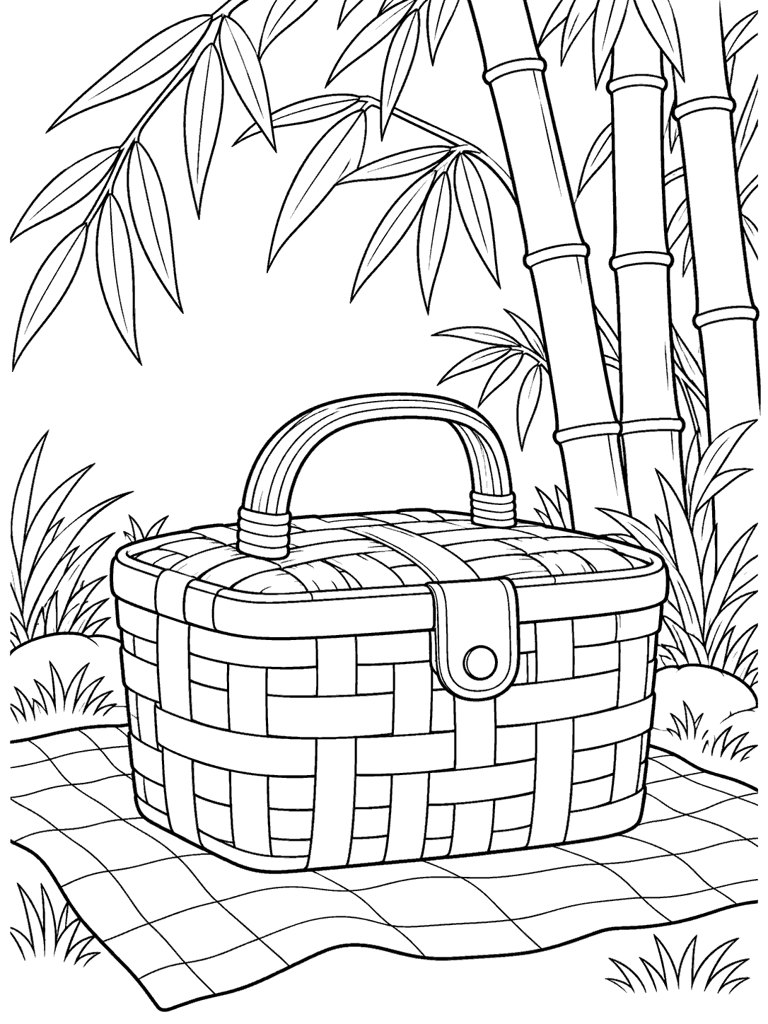 Line-art coloring page of a closed picnic basket with a clasp on a cloth beneath bamboo stalks and leaves.